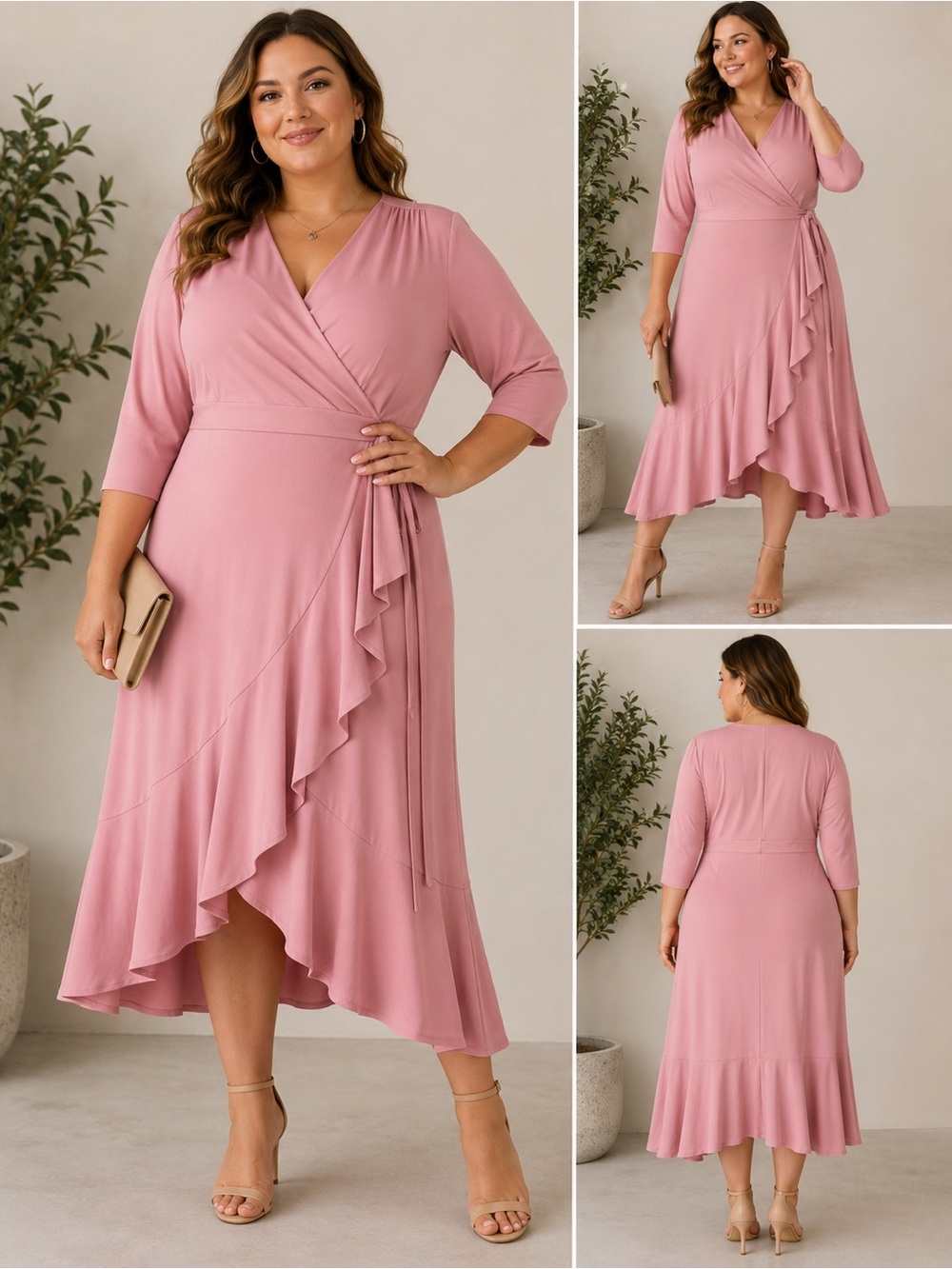 Lane Bryant Faux Wrap Midi Dress Pink Ruffle Hem 3/4 Sleeve Size 14/16 Plus